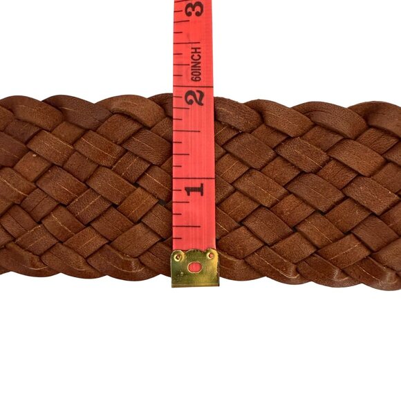 Chico's Macarthy Brown Woven Leather Belt Oversized Brass Buckle 45" Adjustable - Picture 9 of 11